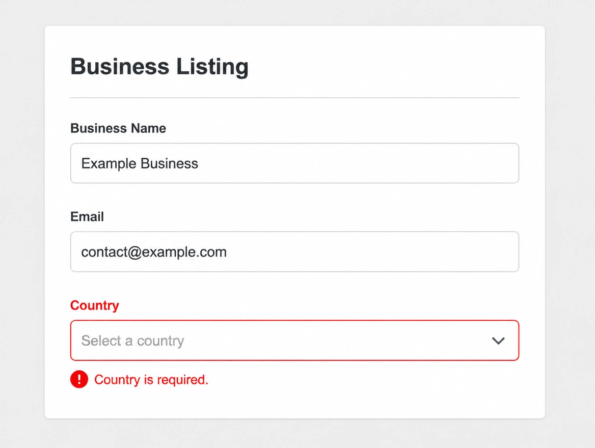 A business listing with the country field left blank