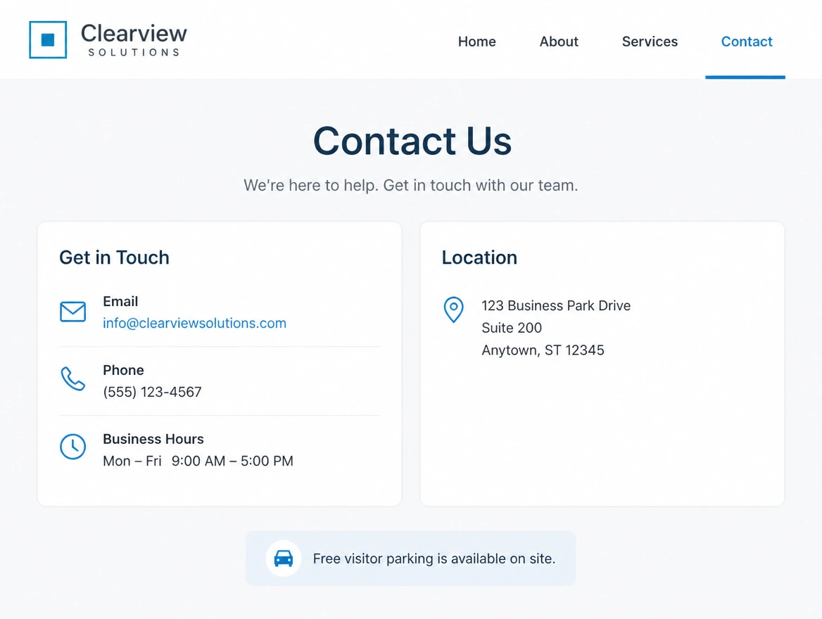 A contact page with no travel time, parking or directions