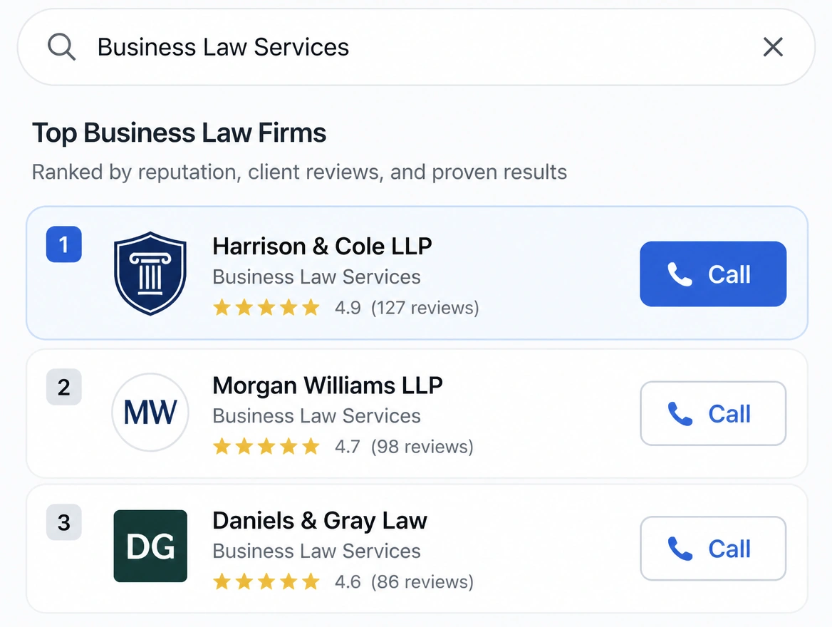 A search result showing a professional firm ranking first with a call button