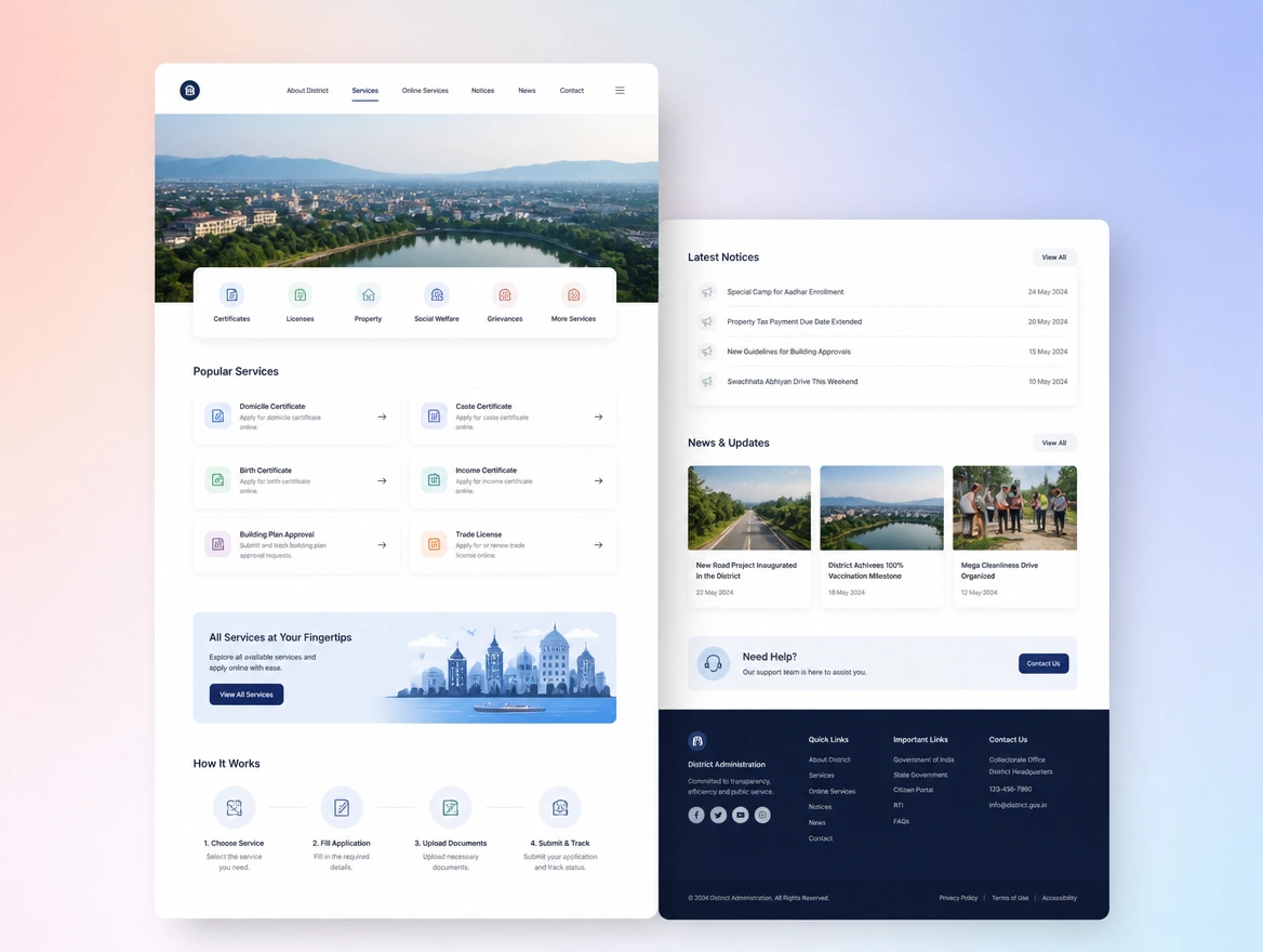 Website mockup showing pages and content