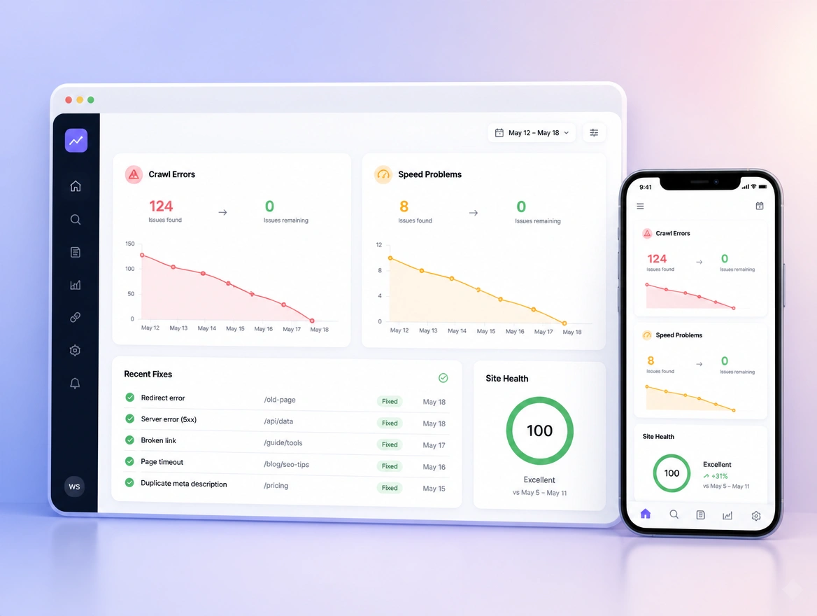 Website mockup showing technical fixes