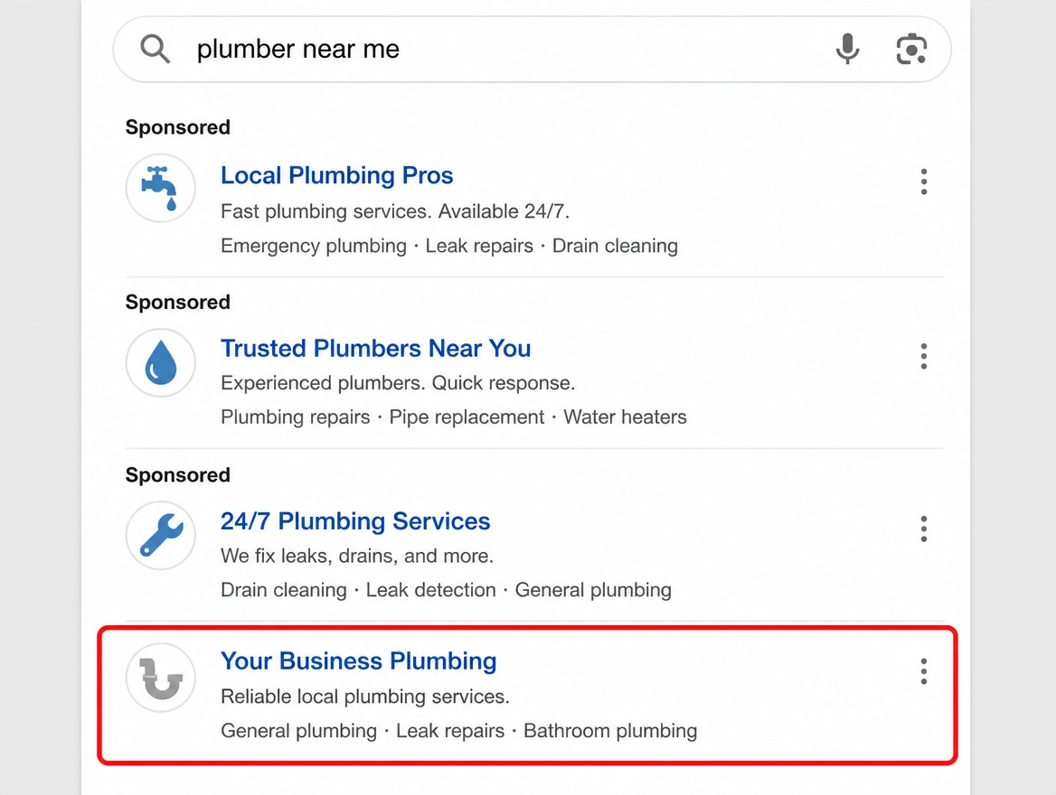 A search results page where adverts fill the top and the business sits far below