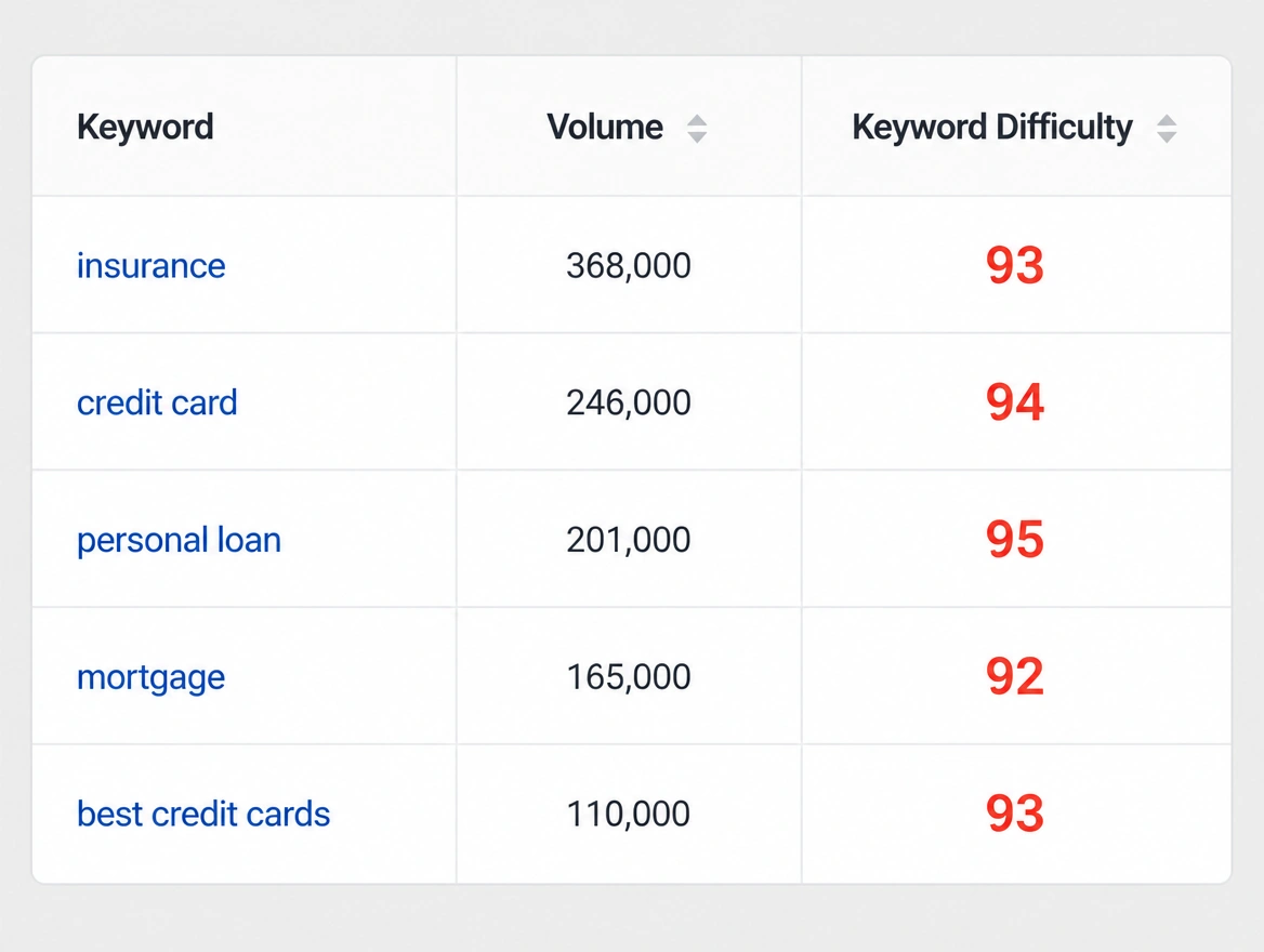 A keyword table where every term scores in the nineties for difficulty