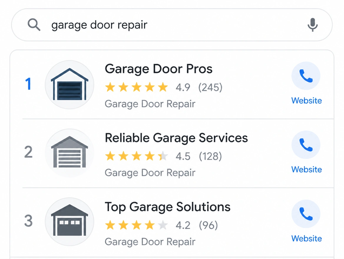 A local map result showing three businesses with ratings and call buttons