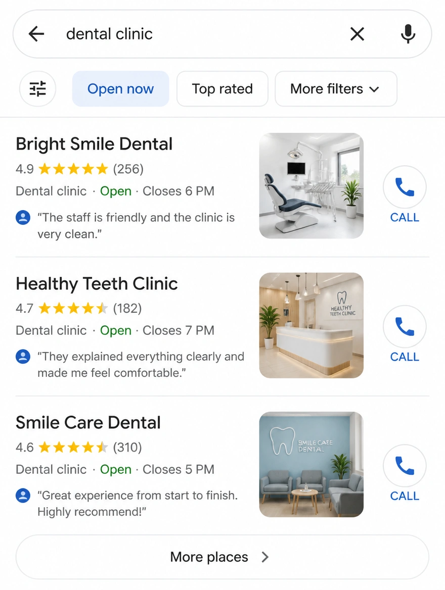 A local map search on a phone with call buttons