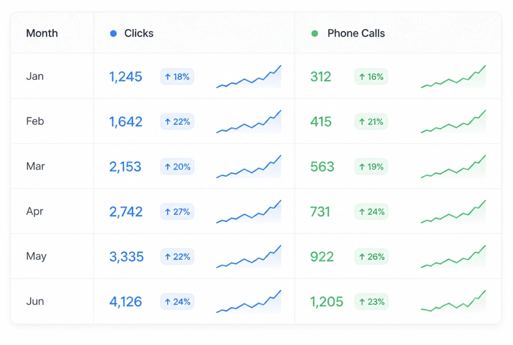 A dashboard showing clicks and phone calls rising together