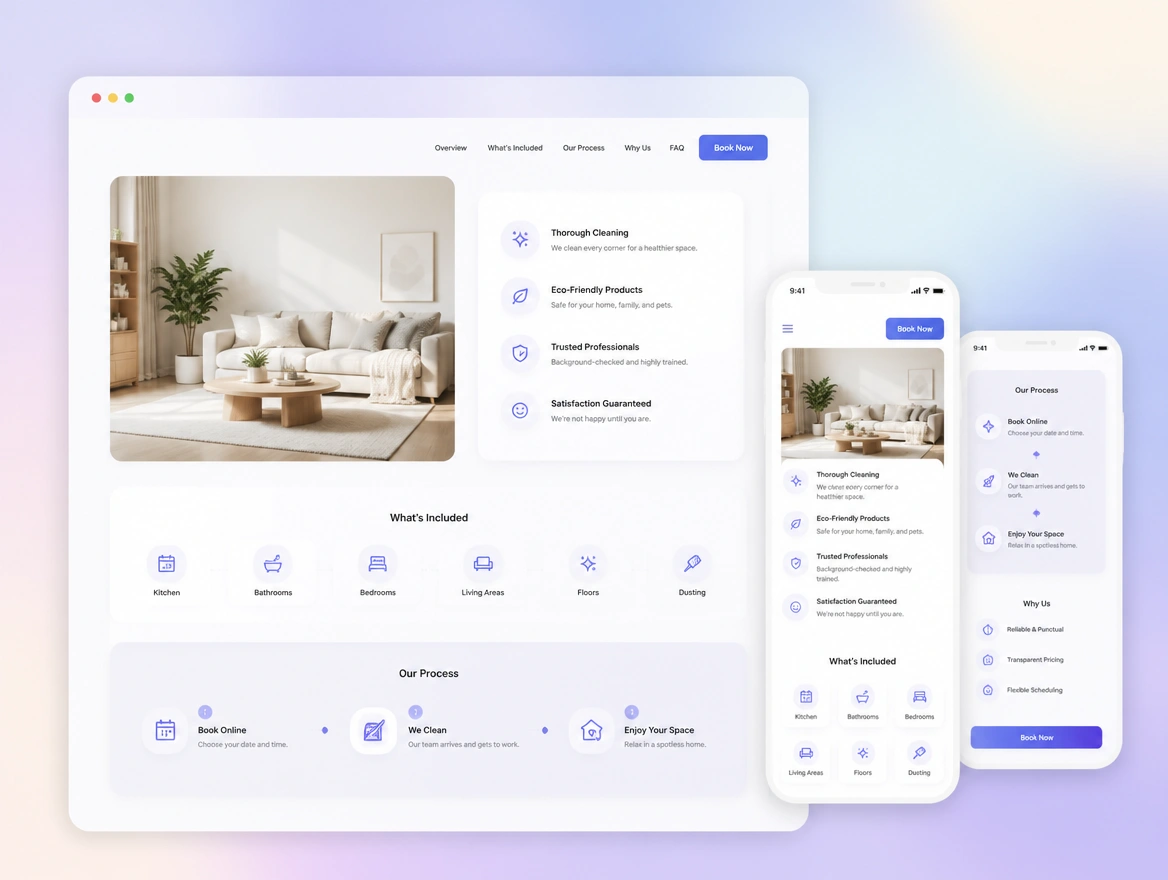 Website mockup showing pages and content
