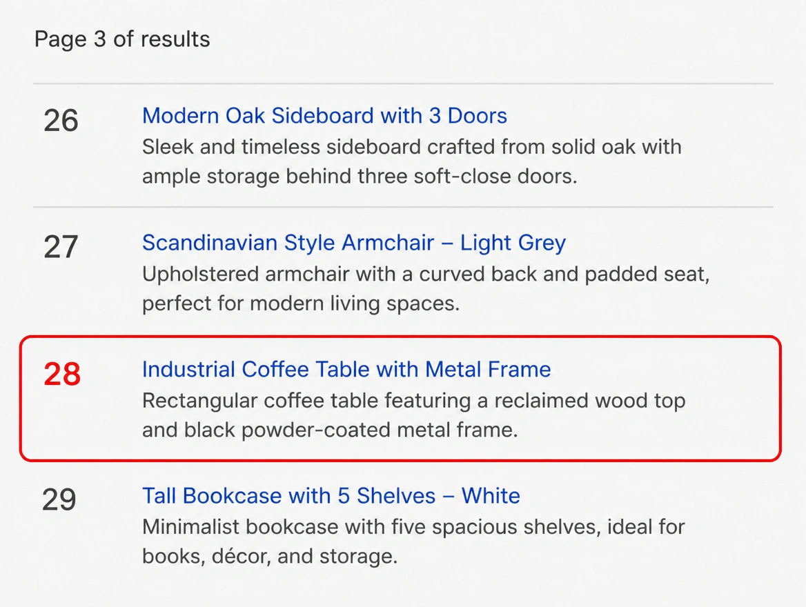A search results page showing a listing on page three at position 28