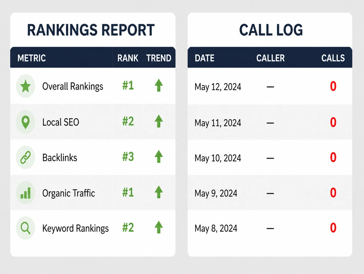 A rankings report full of top positions beside a call log showing no calls
