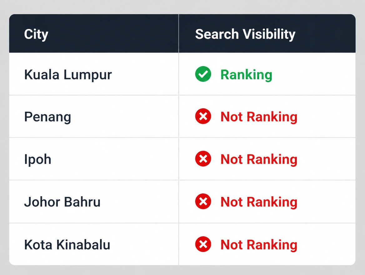 A visibility table showing the business ranking in one city and nowhere else