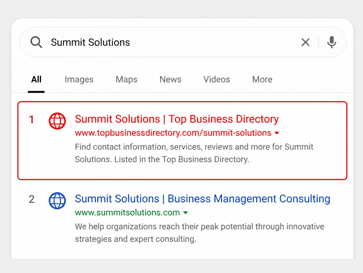 A search where a directory outranks the company's own website