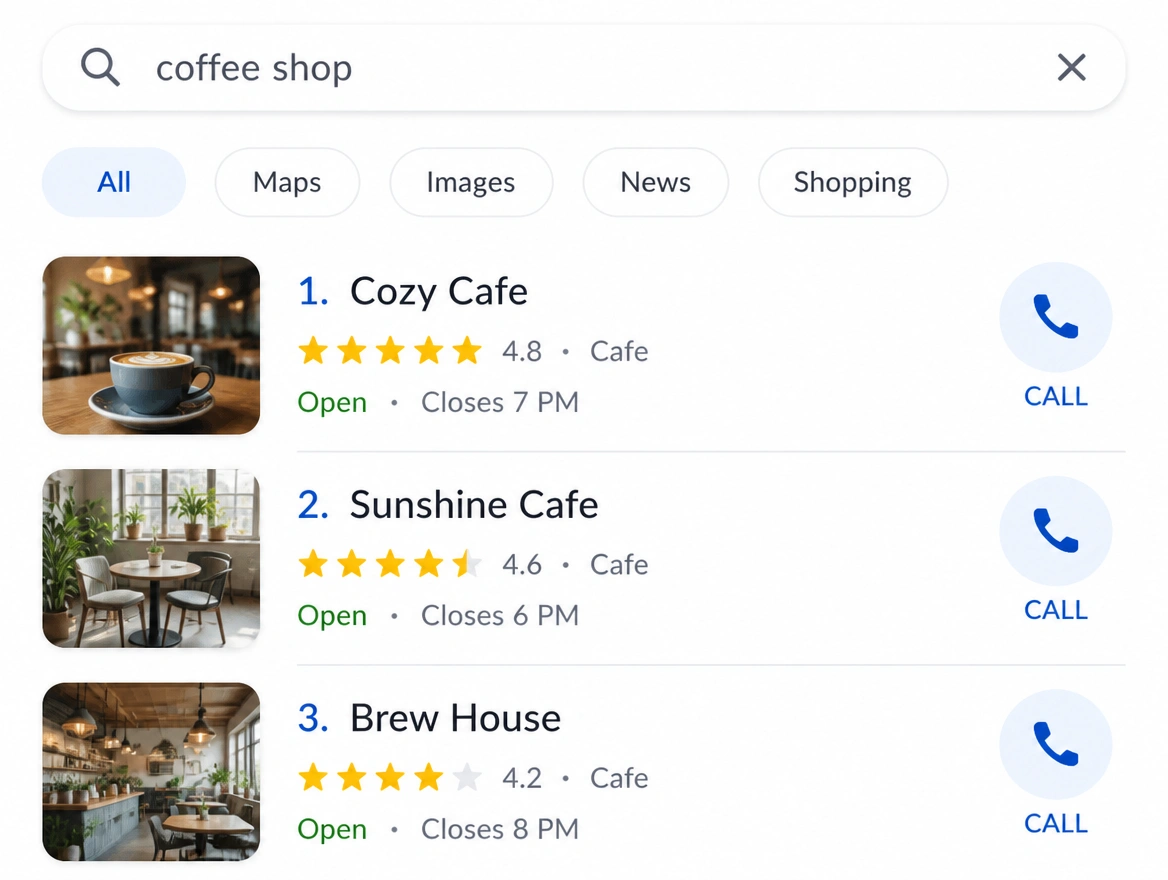A local search showing cafes ranking with call buttons