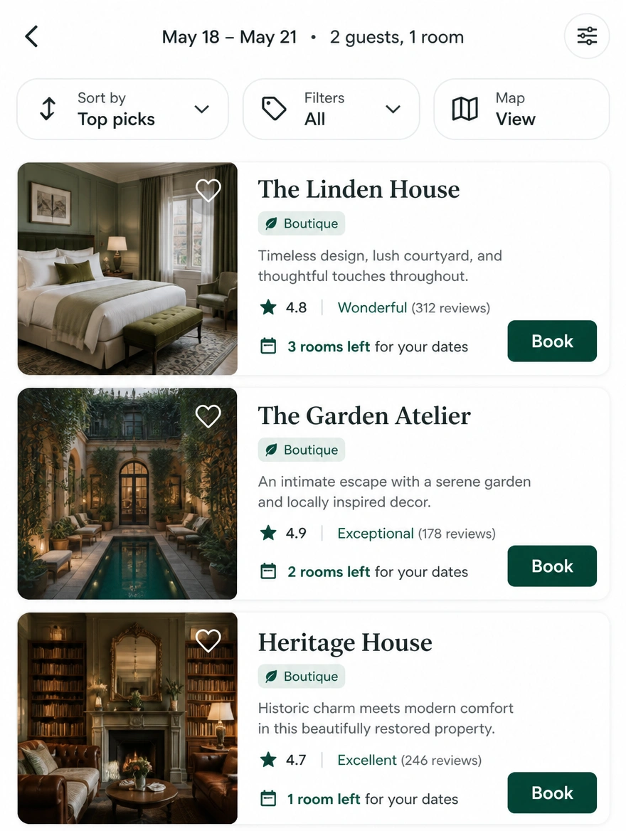 A hotel search on a phone showing availability and a book button