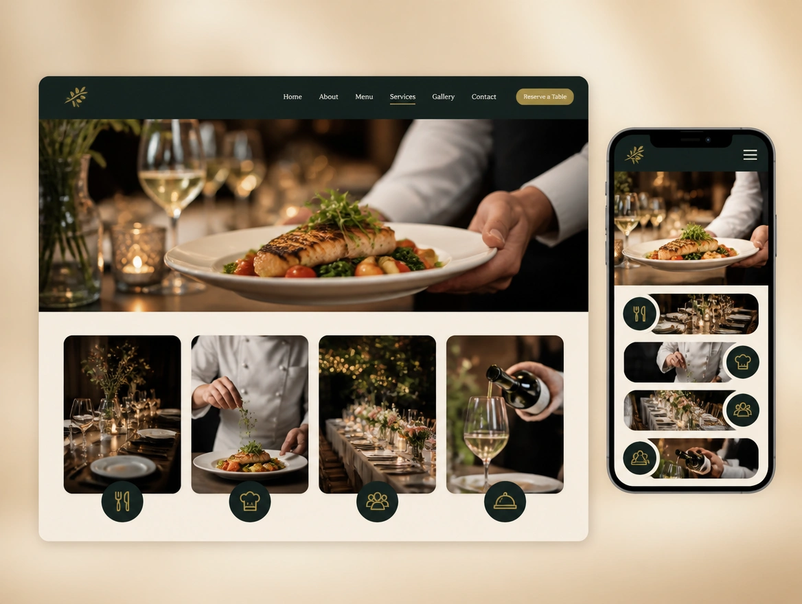 Website mockup showing pages and content