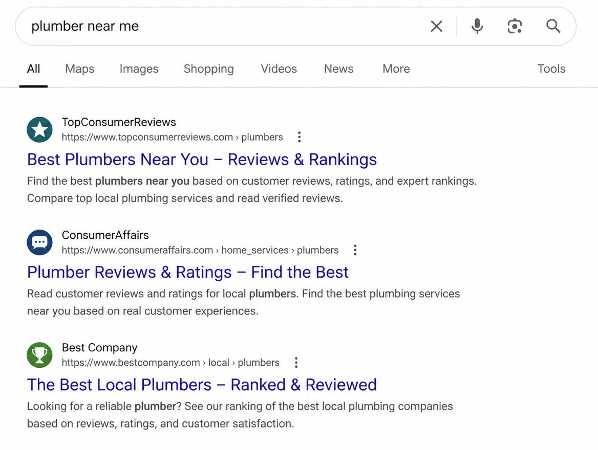 A search where every result is a review or listing site rather than a business