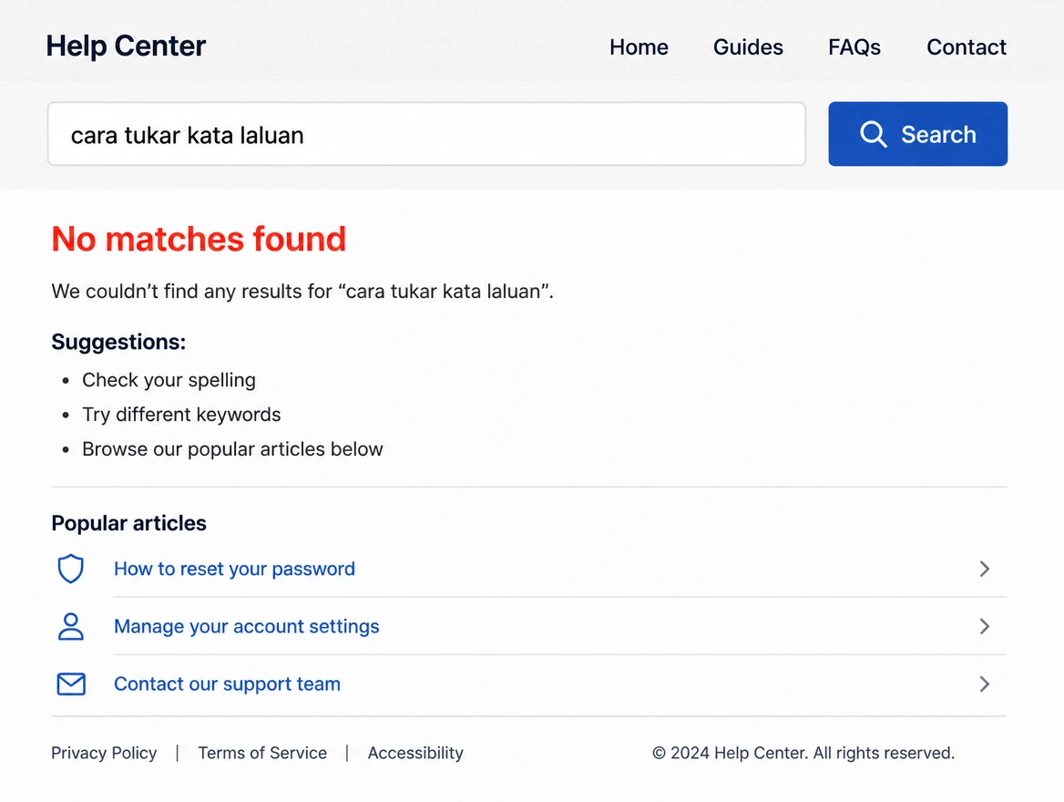 A search in Malay returning no matches on an English only site