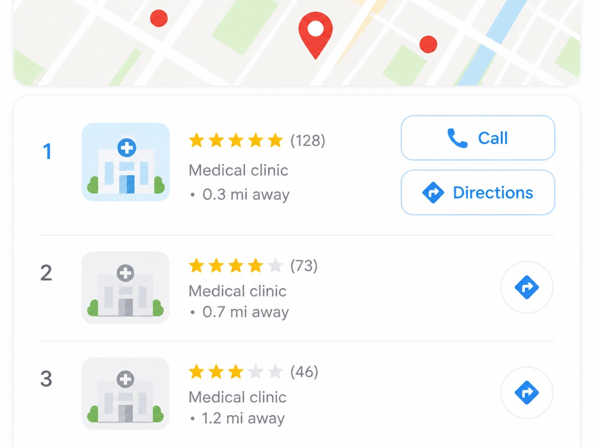 A local map result where a clinic ranks first with call and directions buttons