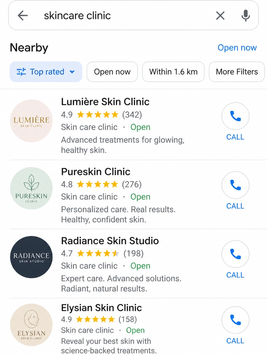 A nearby search on a phone showing businesses with call buttons