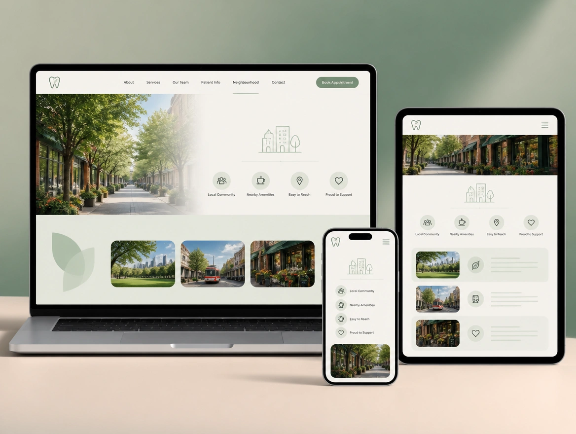 Website mockup showing area pages