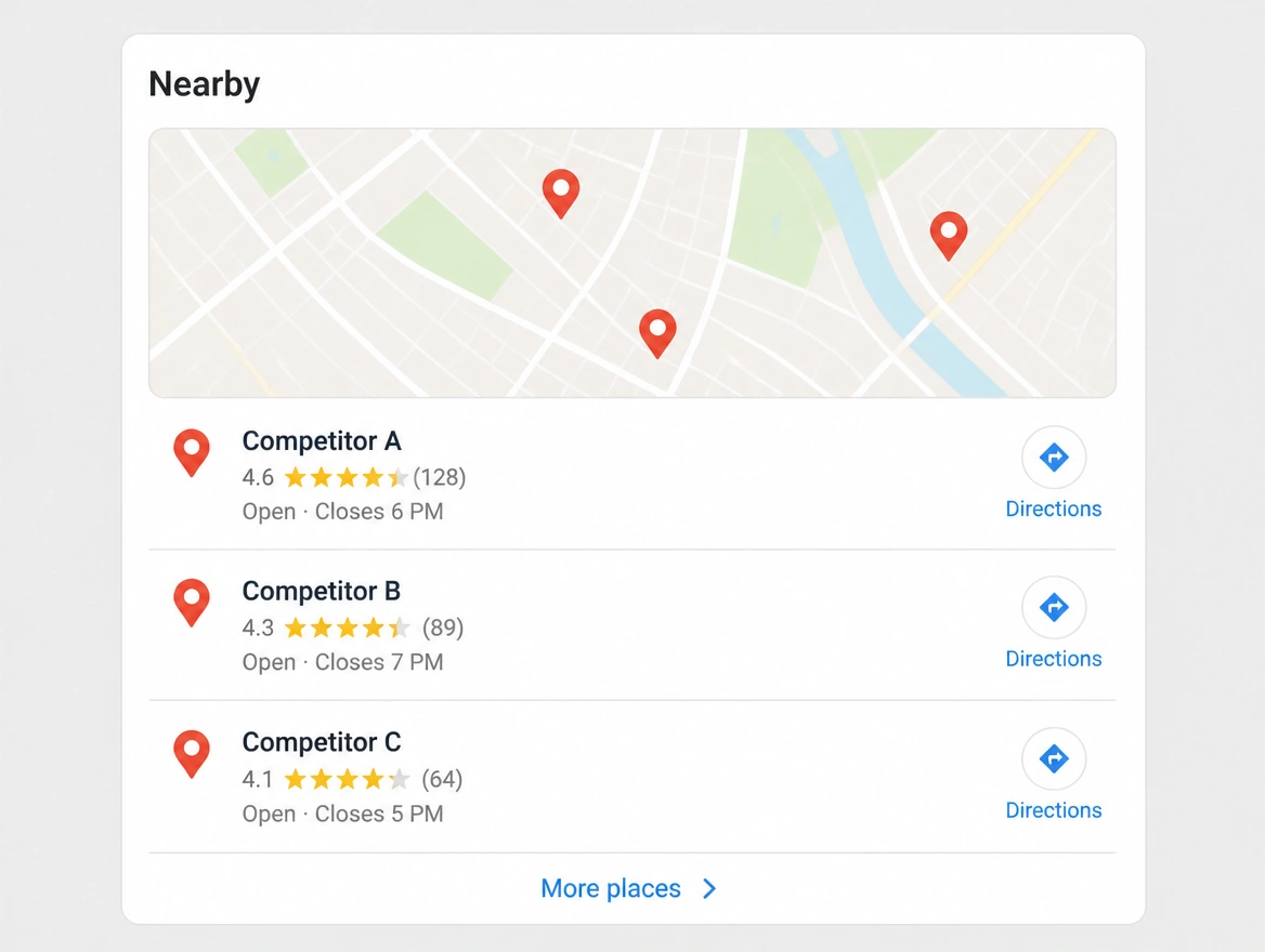 A nearby map search listing competitors with the business missing