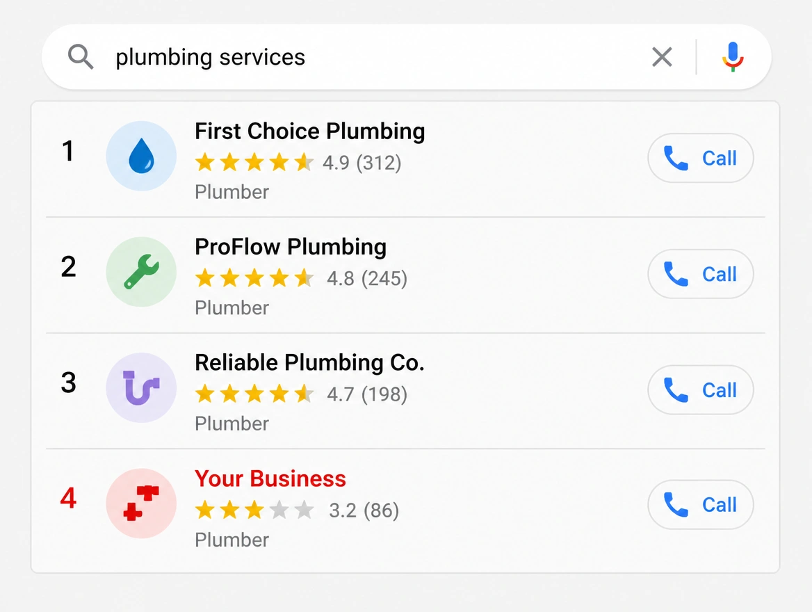 A search results page with three competing firms ranking above the business