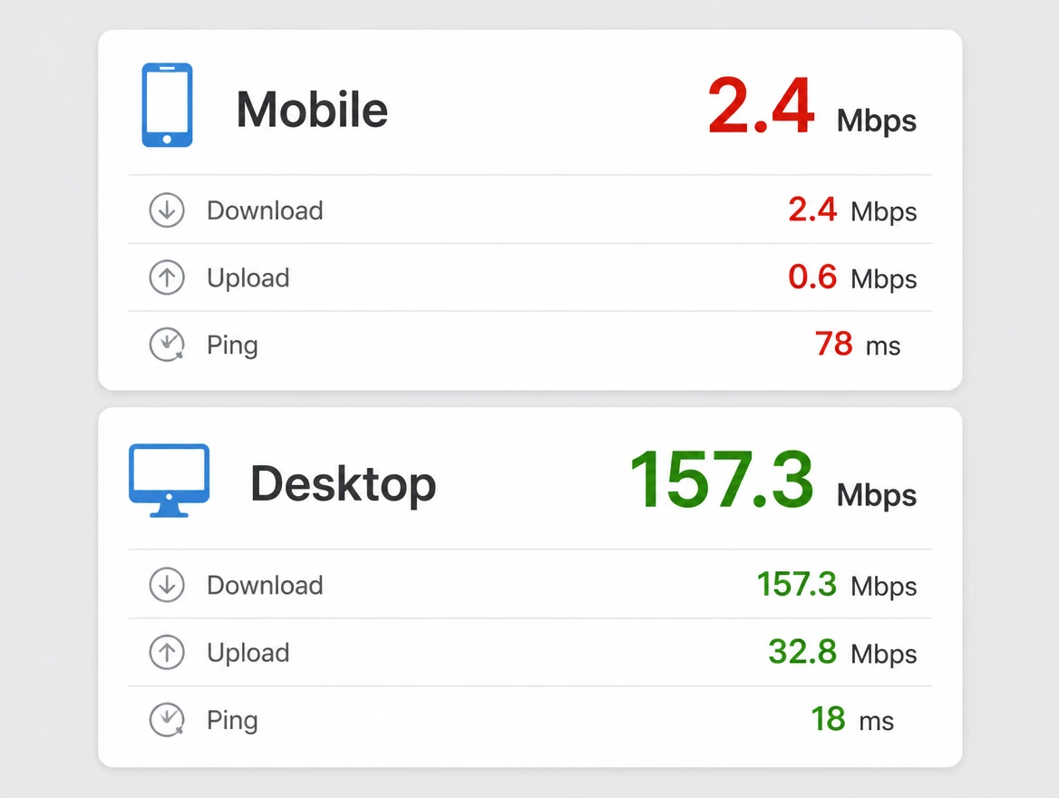 A speed comparison showing a poor mobile result against a good desktop one