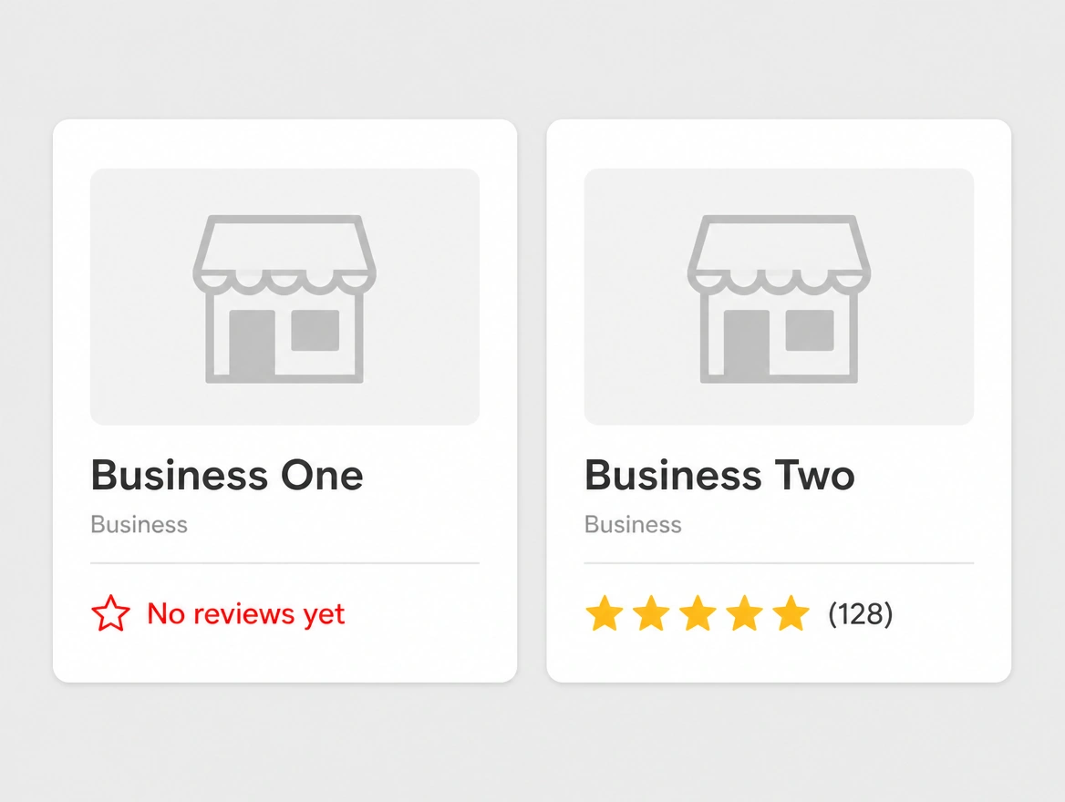 Two listings side by side, one with no reviews and one with many
