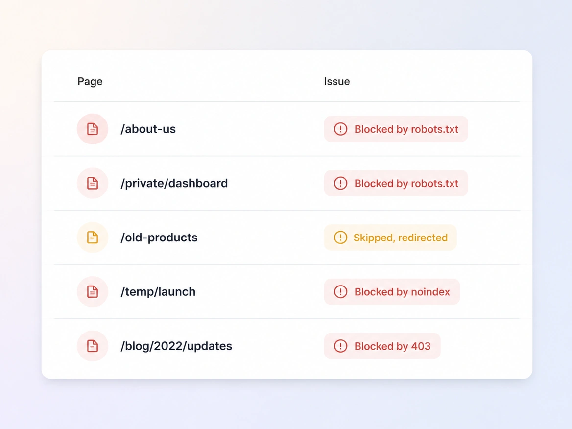 A crawl report listing blocked and skipped pages with the fault beside each one