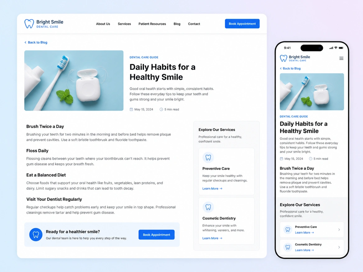 A guide page on desktop and phone with links running down to two service pages
