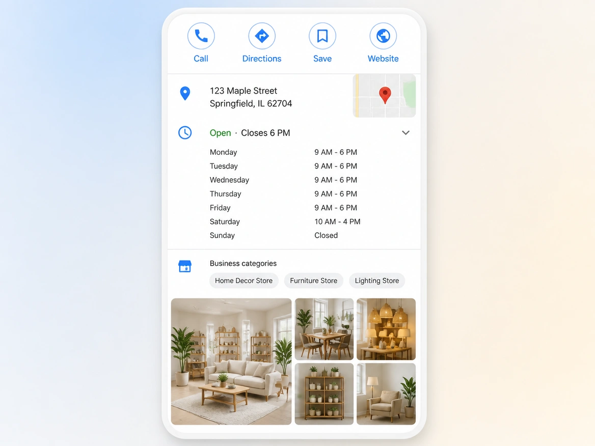 A business profile showing hours, categories and photographs filled in