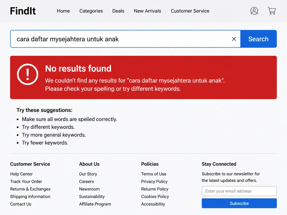 A search typed in Malay returning no results, with a red no matches banner