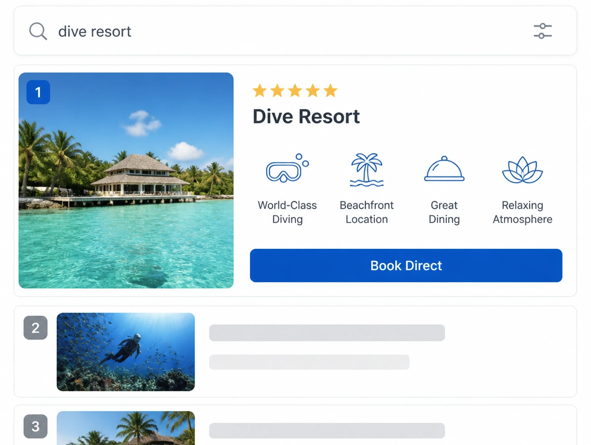 A search result where a dive resort ranks first with a book direct button