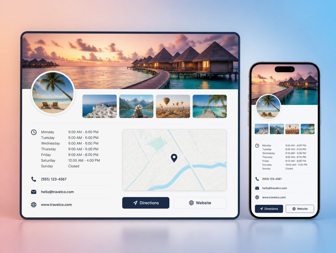 Website mockup showing map and profile