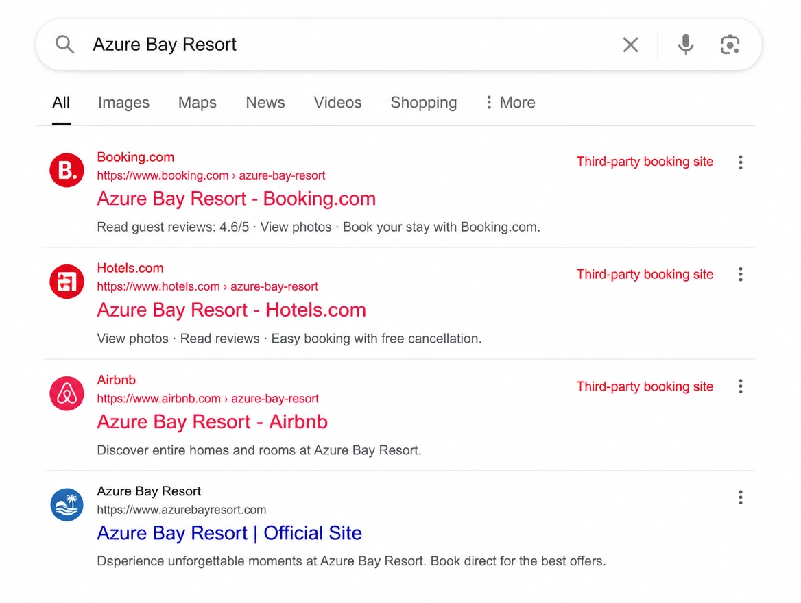 A resort name search where booking platforms rank above the official site