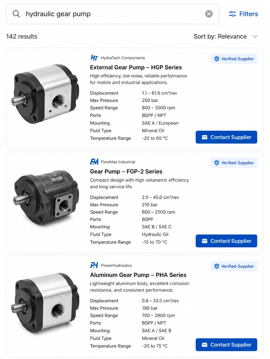 A supplier search on a phone showing specifications and a contact button