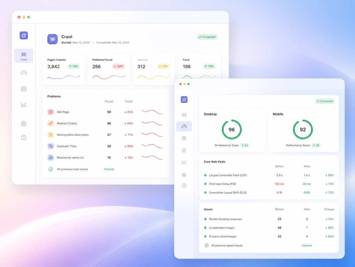 Website mockup showing technical fixes