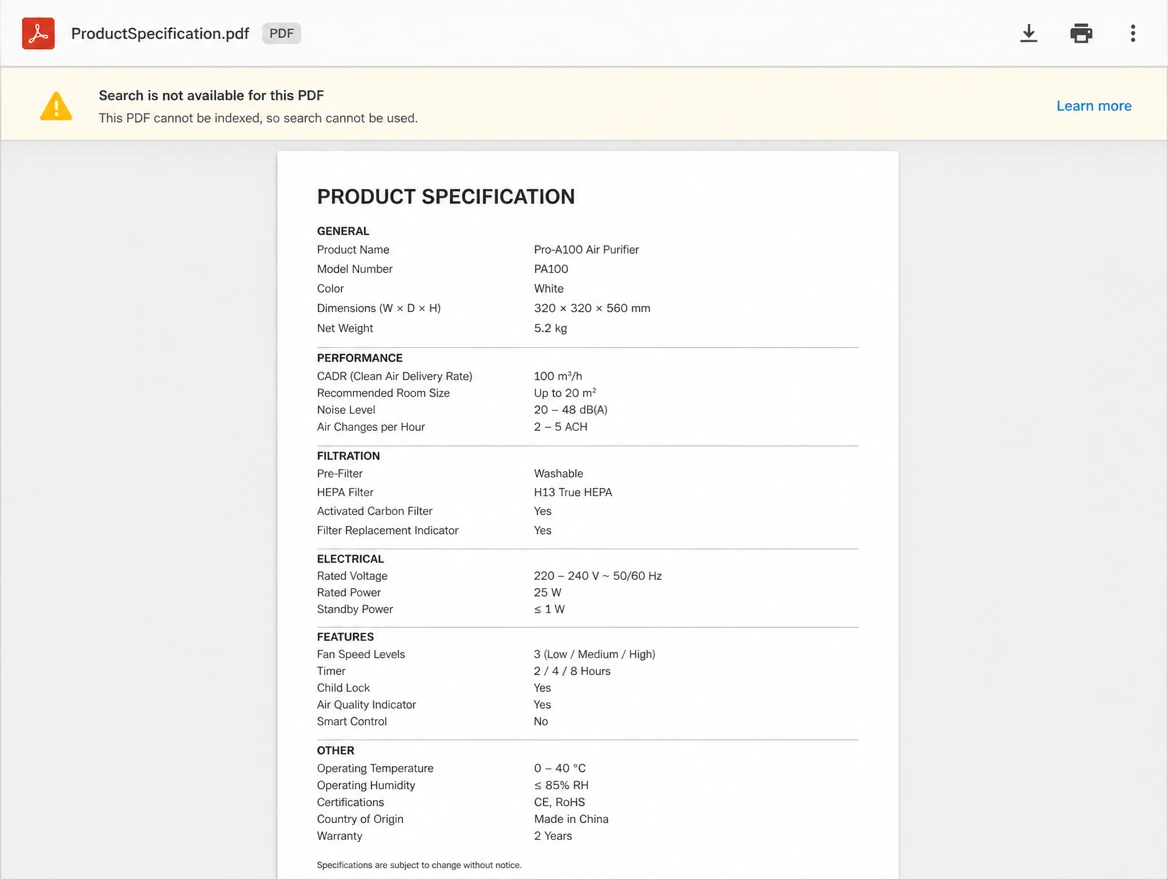 A specification locked inside a PDF that search cannot read