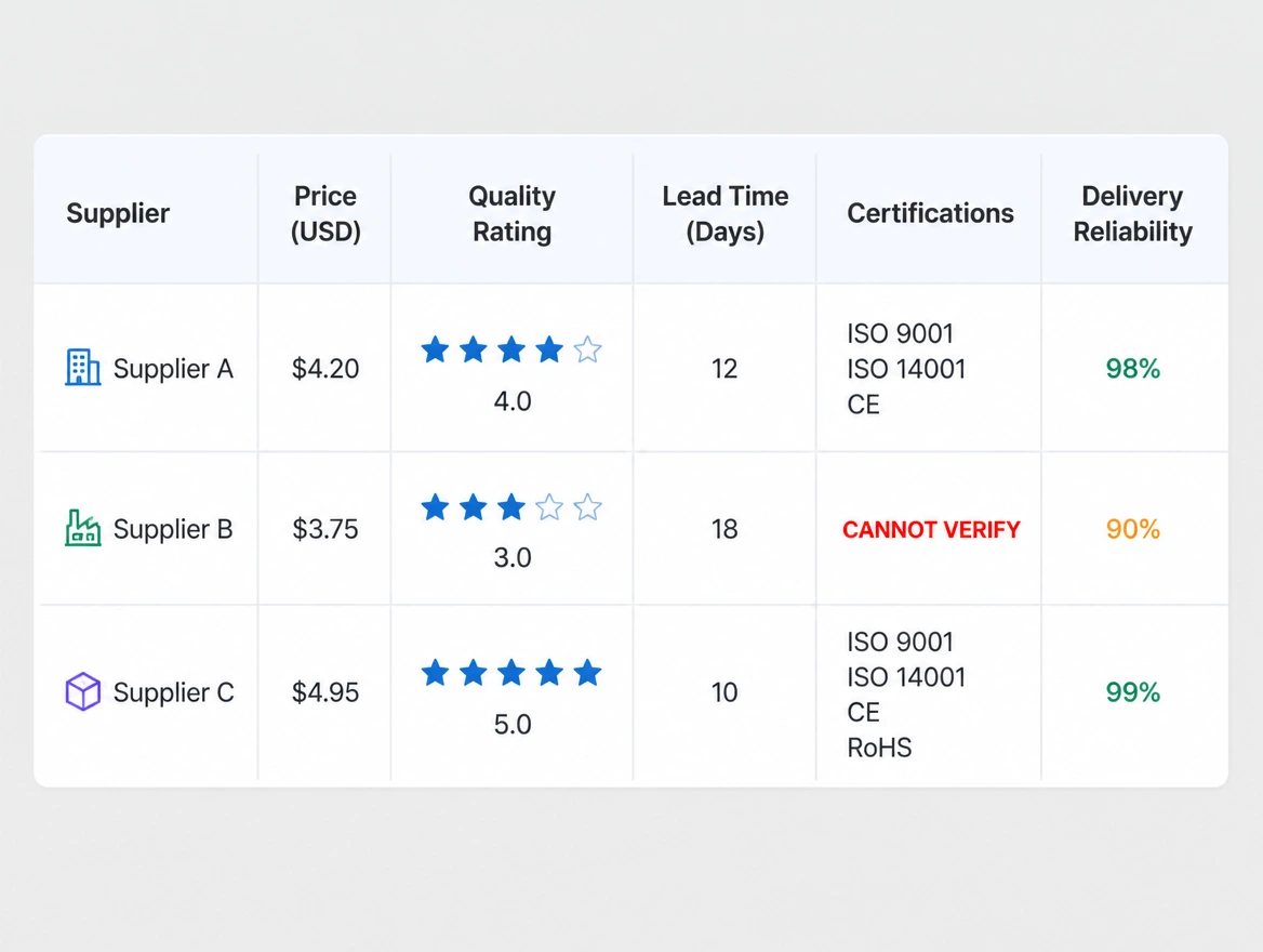 A supplier table with the certifications column left empty