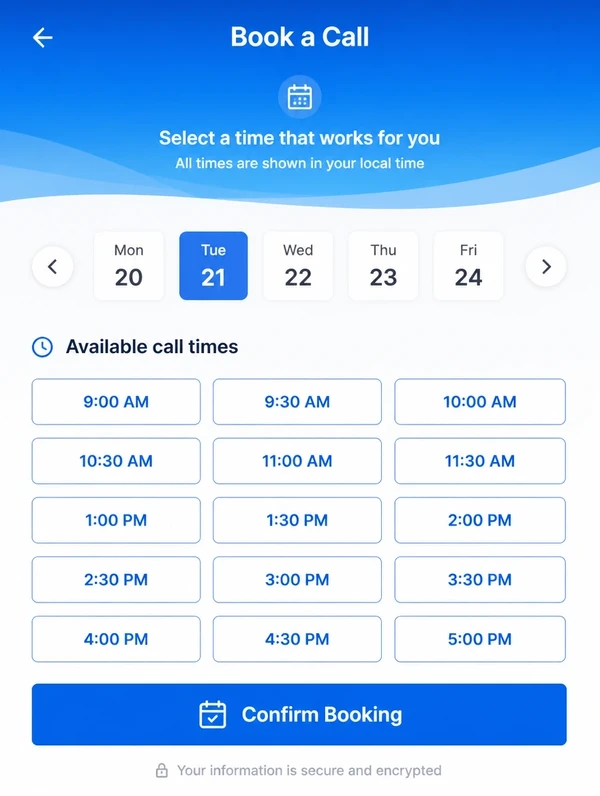 Mobile booking screen showing available times for a call
