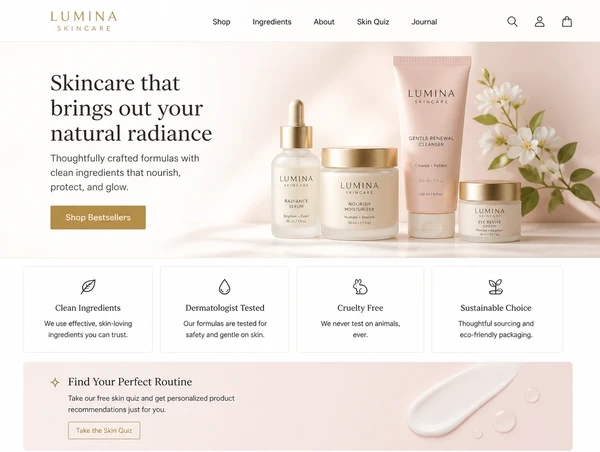 A luxury skincare website homepage with four products, benefit cards and a skin quiz