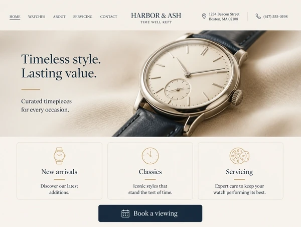 Luxury watch retailer website hero with one clear book a viewing button