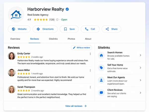 A real estate agency Google profile showing reviews and sitelinks