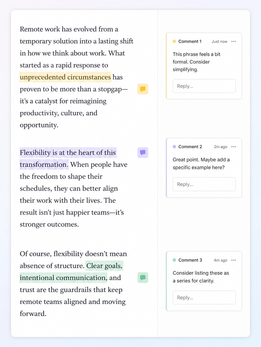 An article draft with editing comments beside the paragraphs