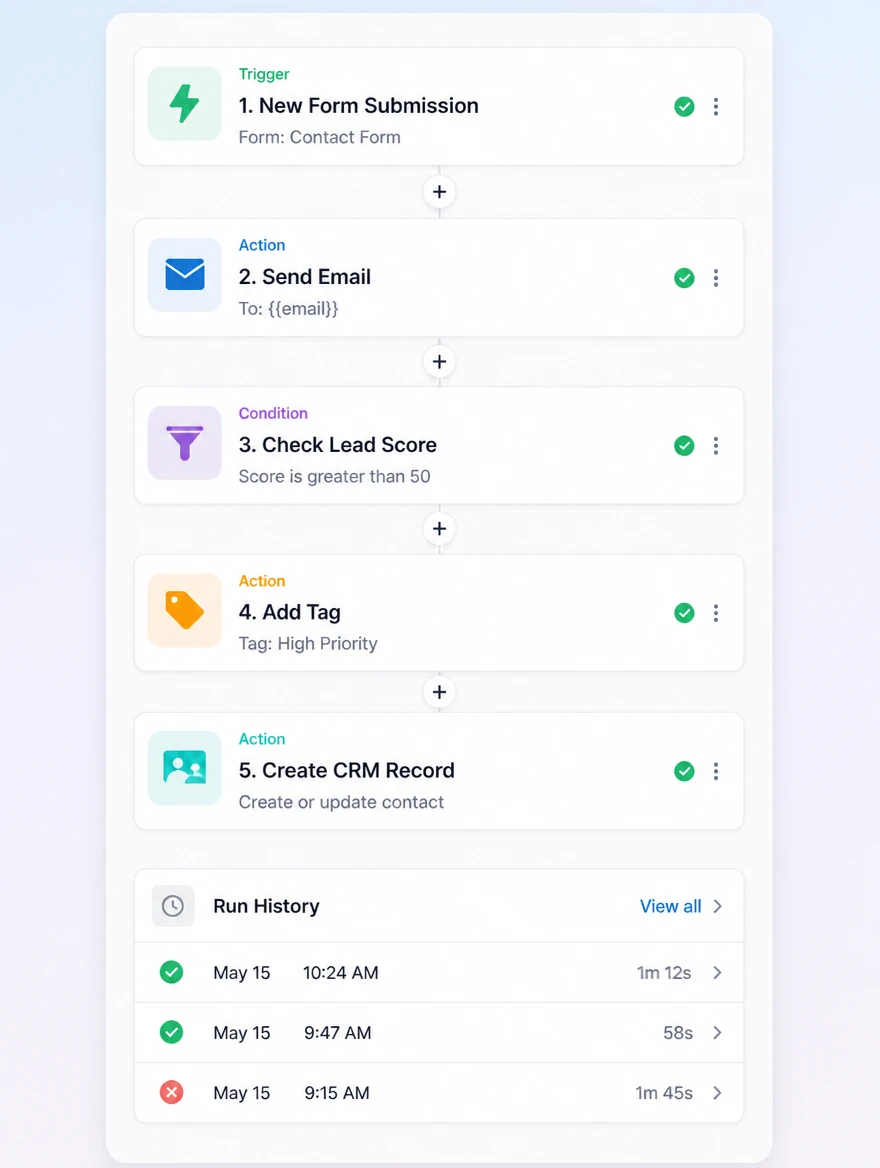 An automation workflow with connected steps and a run history