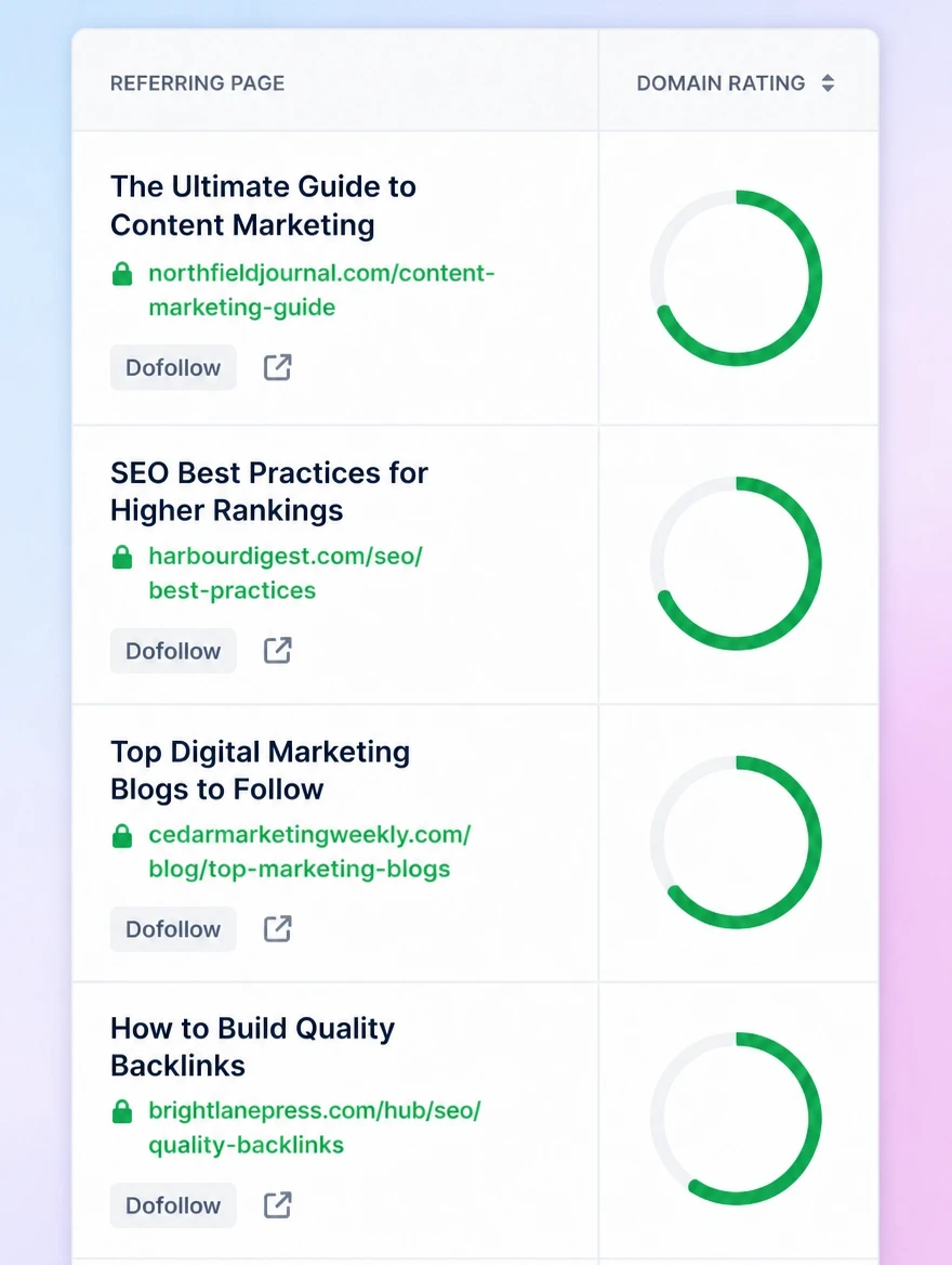 A backlink report listing referring pages and their domain ratings