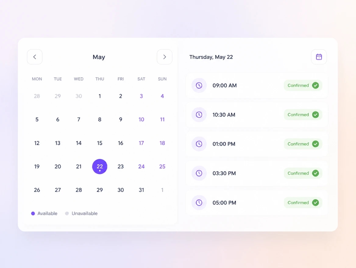 A booking page with an embedded calendar and confirmed appointment slots