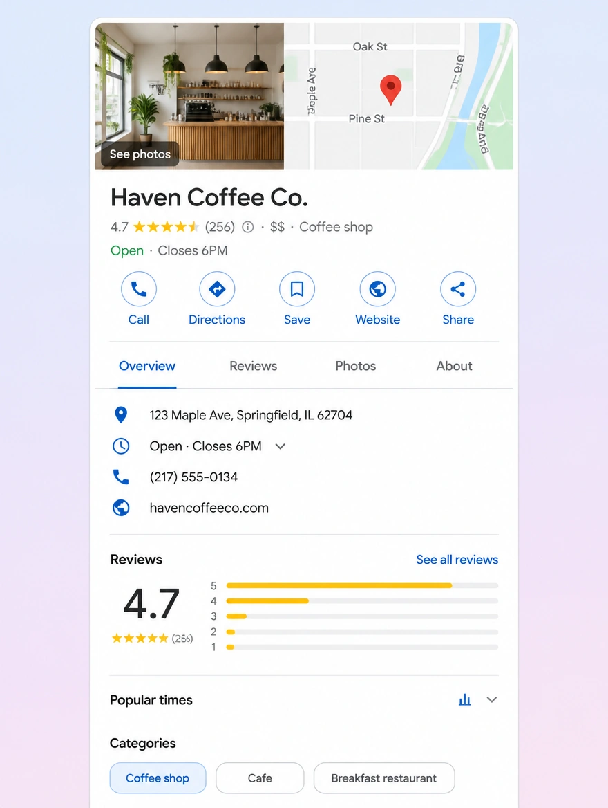 A business profile with map results, reviews and opening times