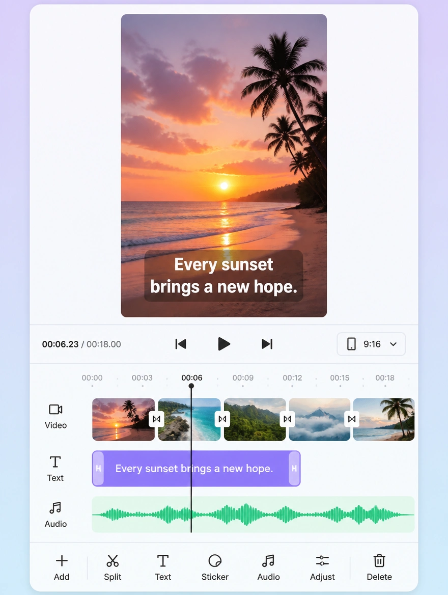 A captioned vertical video clip above an editing timeline