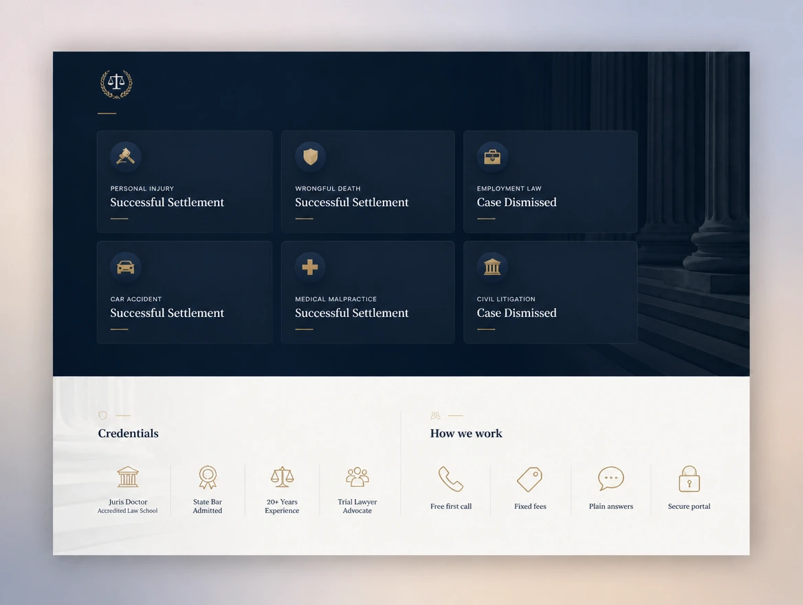 Six case outcome cards sit above Credentials and How we work groups on a law firm page.