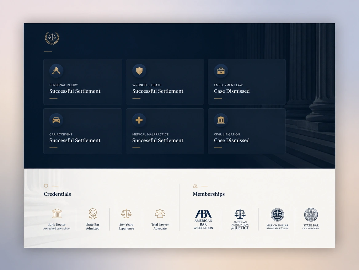 Case outcome cards above a row of credential and membership badges on a law firm page